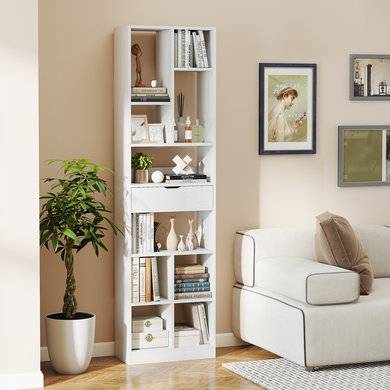 7-Tier Storage Shelf with Drawer Tall Floor Standing Bookcase